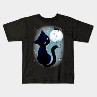 Blue Kitty Dream on the Moon Kids T-Shirt